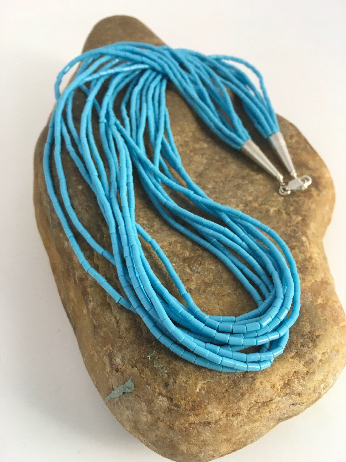 Native Blue Turquoise Heishi 10 Strand Sterling Silver Necklace 19" 08872