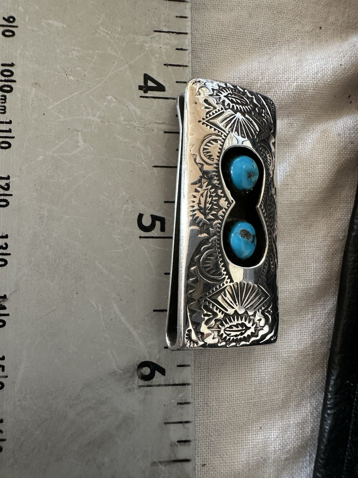 Mens Blue Turquoise Navajo Stainless Stamped Silver Money Clip 19367