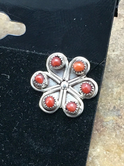 Native Zuni Cluster Sterling Silver Necklace Coral Earrings Set 0.6" 1074