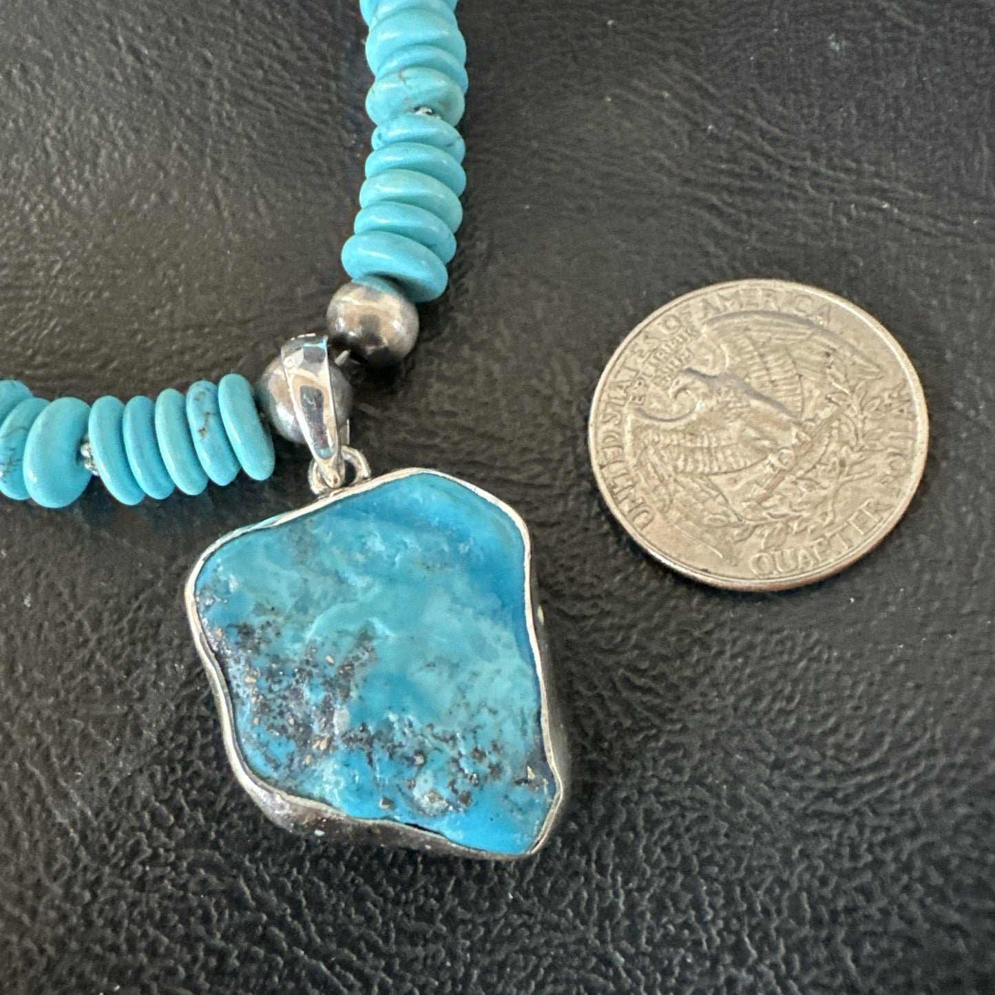 Blue Kingman Turquoise 2 Sided Pendant Navajo Sterling Native Necklace 20" 19516