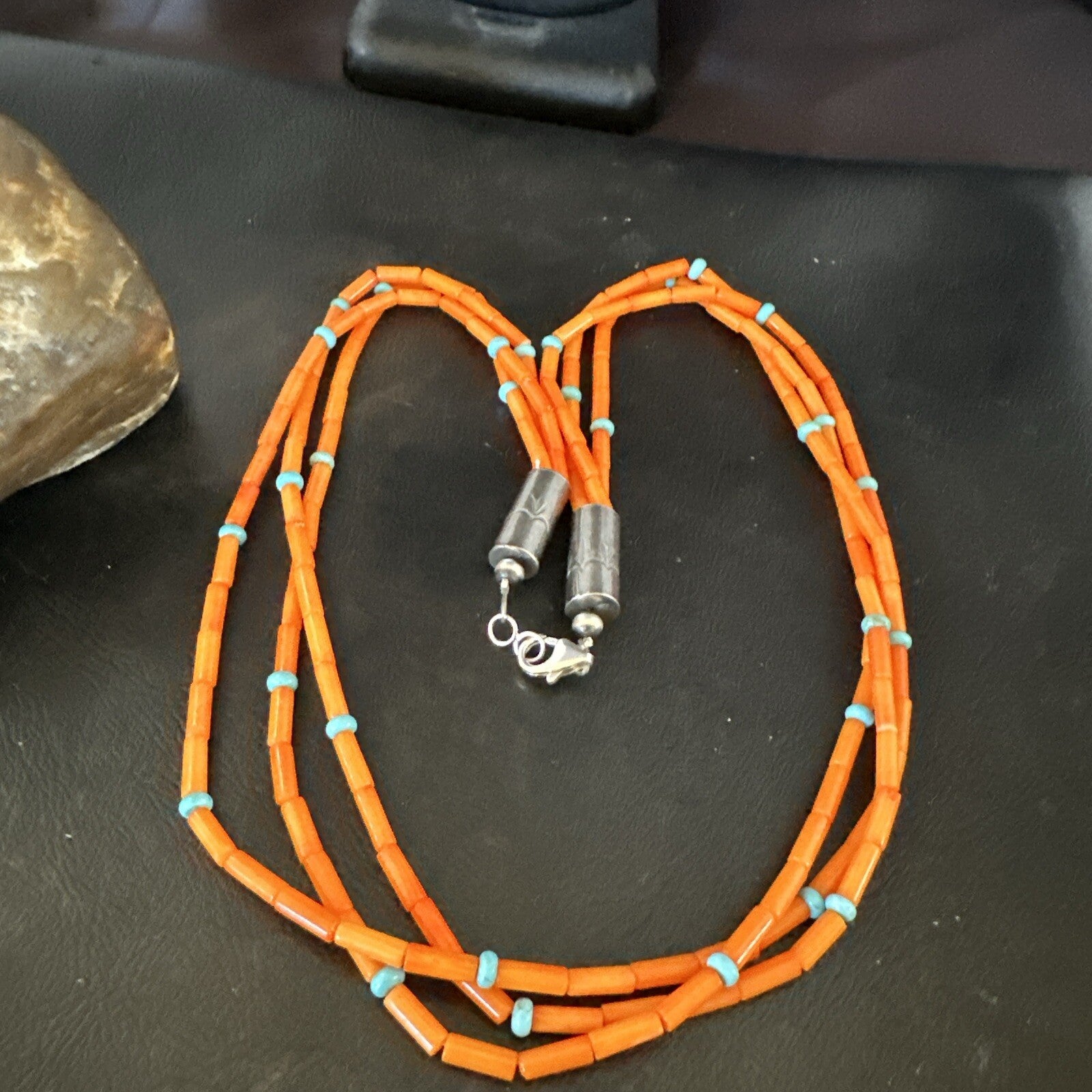 Native Turquoise Orange Coral Sterling Silver 3 Strand Necklace 21" 17819