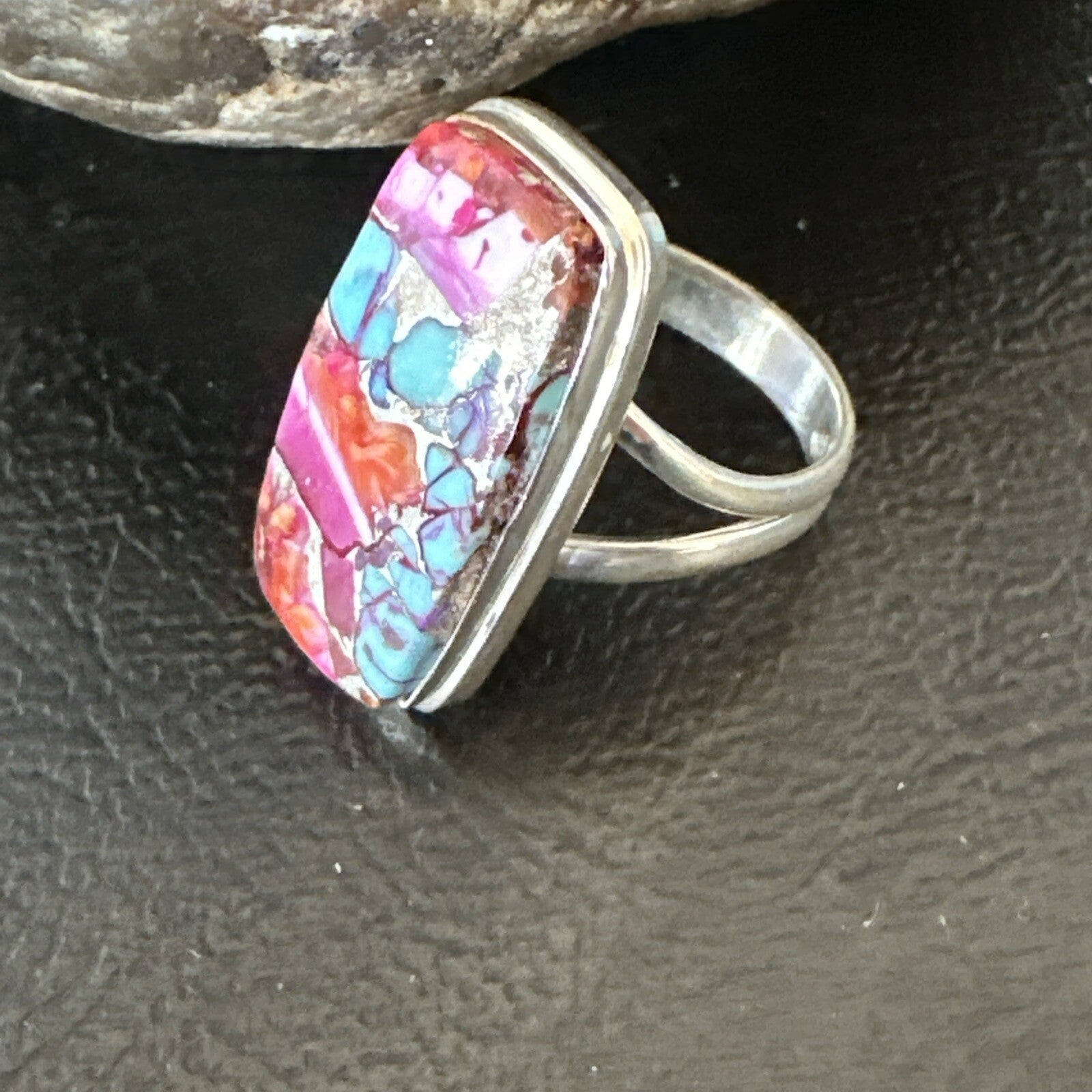 Blue Turquoise Spiny Oyster Southwestern Sterling Silver Ring Size 7 18492
