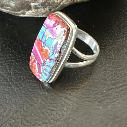 Blue Turquoise Spiny Oyster Southwestern Sterling Silver Ring Size 7 18492