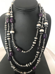 Long Navajo Pearls Purple Stone Bead Necklace 70" | Sterling Silver | Authentic Native American Handmade | 08052