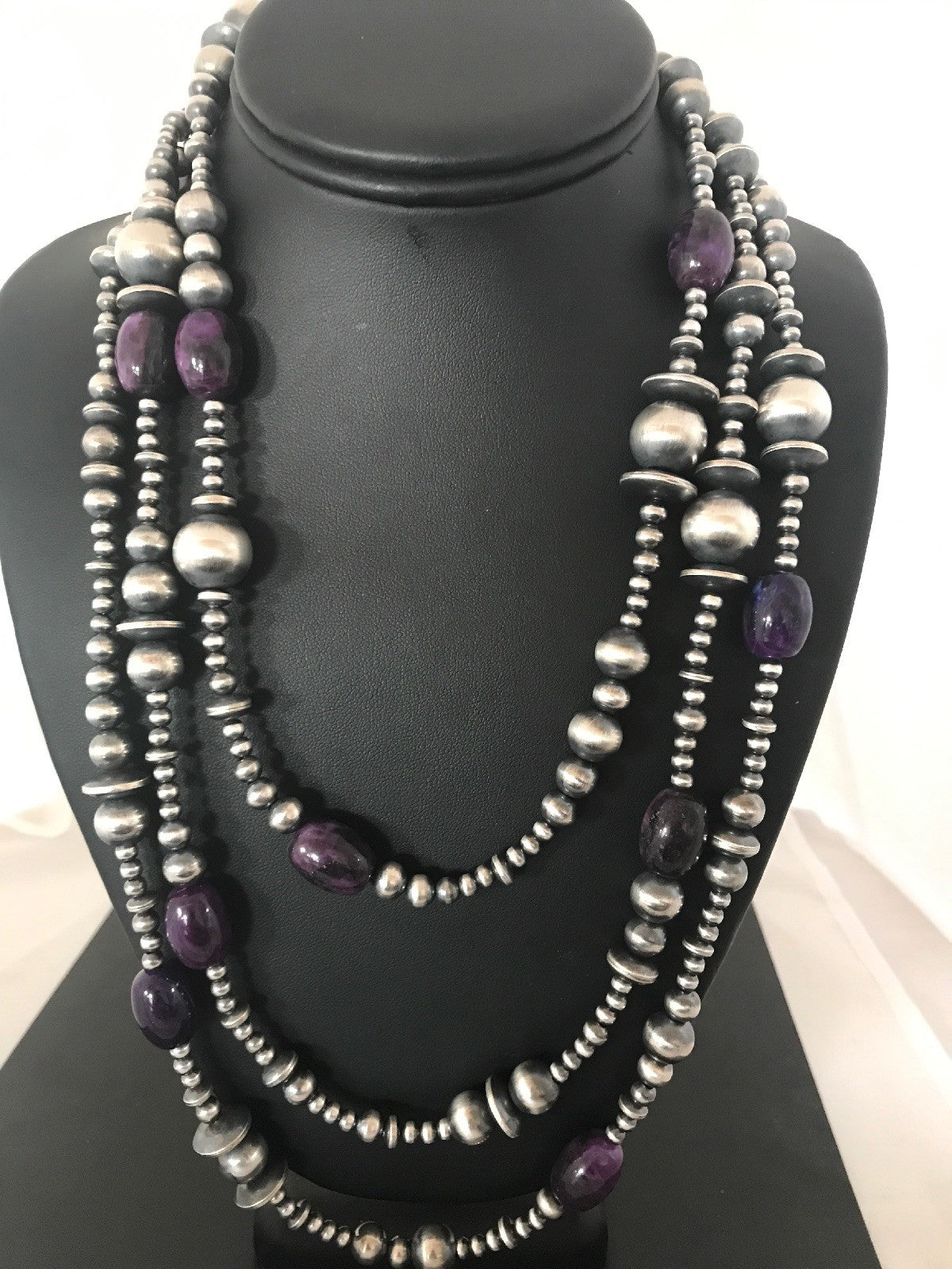 Native Long Navajo Pearls Sterling Silver Purple Stone Bead Necklace 70" 08052