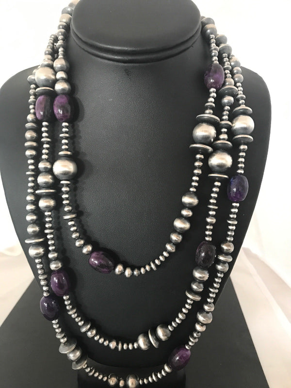 Long Navajo Pearls Purple Stone Bead Necklace 70" | Sterling Silver | Authentic Native American Handmade | 08052