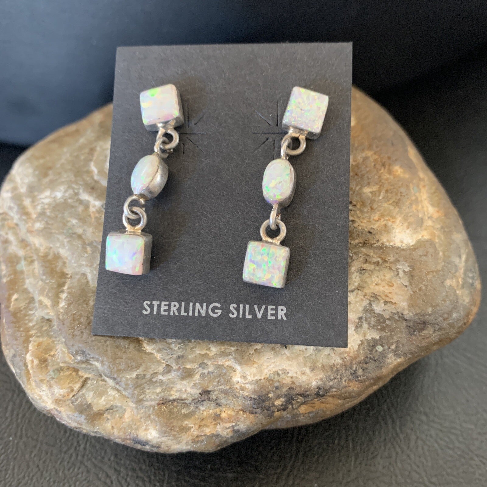 Womens White Opal Inlay Navajo Sterling Silver Dangle Post Earrings 1" 12769