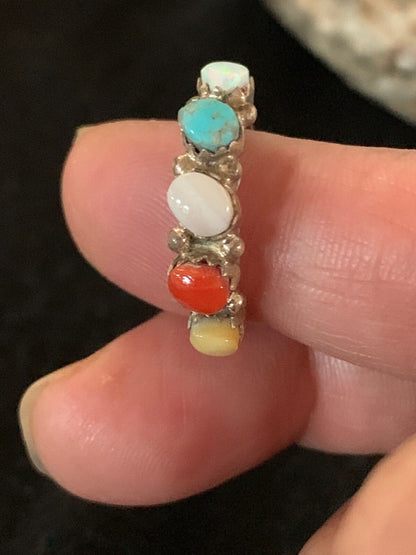 Opal Coral & Turquoise Zuni Sterling Silver Ring Size 6.5 8838