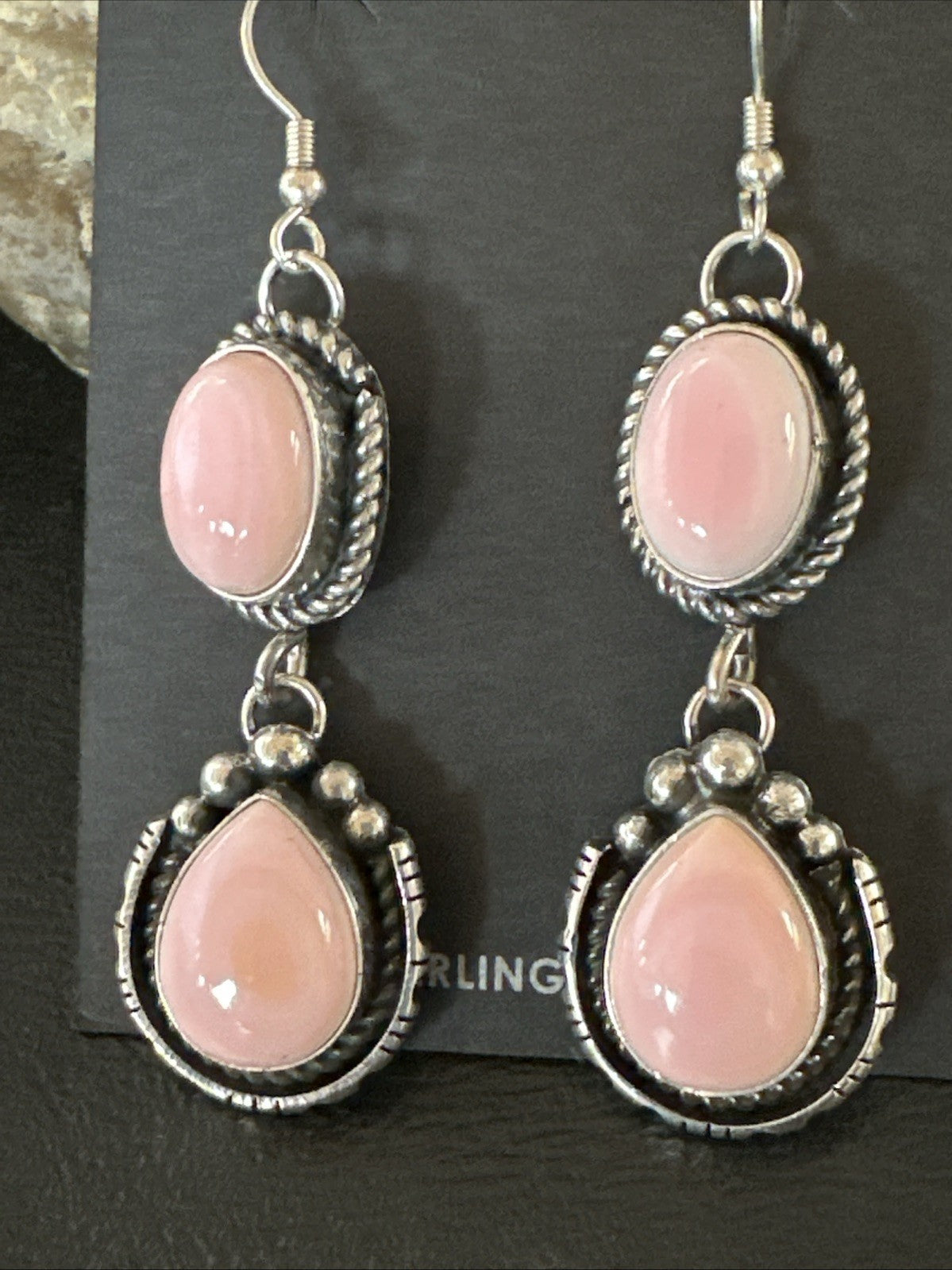 Yazzie Pink Queen Conch Navajo Sterling Silver Dangle Earrings 19320