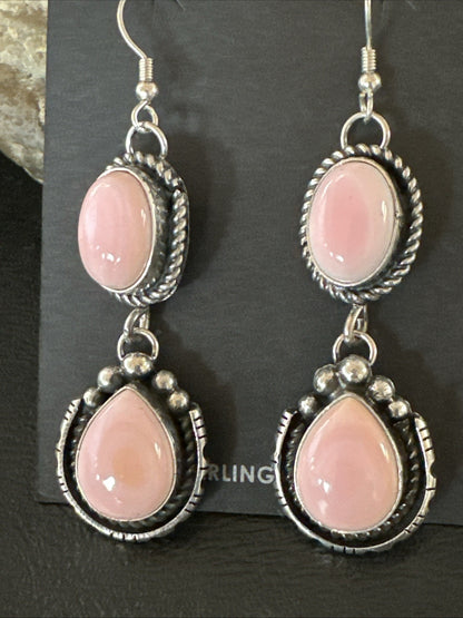 Yazzie Pink Queen Conch Navajo Sterling Silver Dangle Earrings 19320
