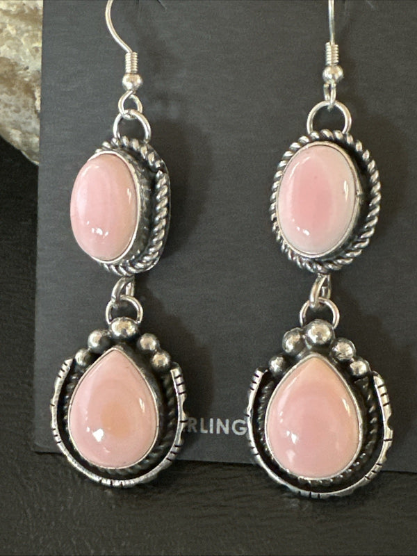 Yazzie Pink Queen Conch Navajo Dangle Earrings | Sterling Silver | Authentic Native American Handmade | 19320