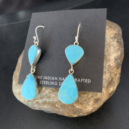 Kingman Turquoise Handmade Navajo Sterling Silver Dangle Earrings 1.75" 13897