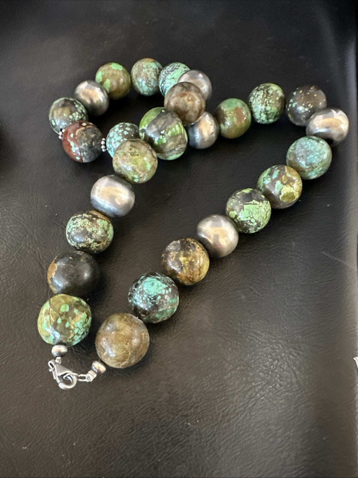 18mm Green Turquoise Round Navajo Pearls Sterling Silver Necklace 21" 19145