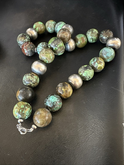 18mm Green Turquoise Round Navajo Pearls Sterling Silver Necklace 21" 19145