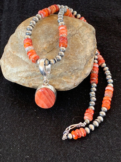 Native Men’s Red Spiny Oyster Pendant Navajo Sterling Silver Necklace 08820