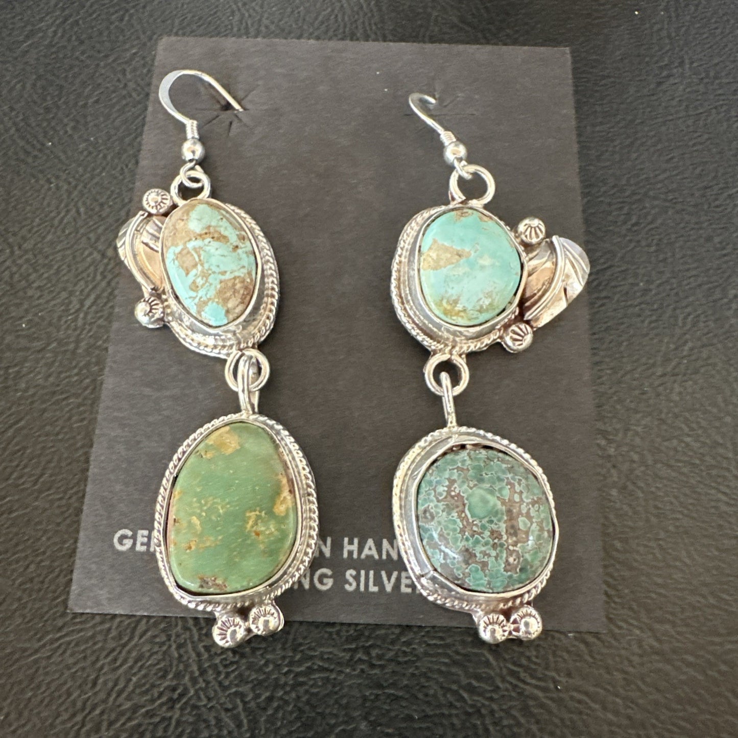 Green Royston Turquoise Navajo Sterling Silver Dangle Earrings 19602