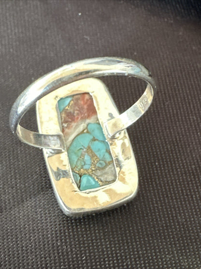 Blue Turquoise Spiny Oyster Southwestern Sterling Silver Ring Size 8 18434