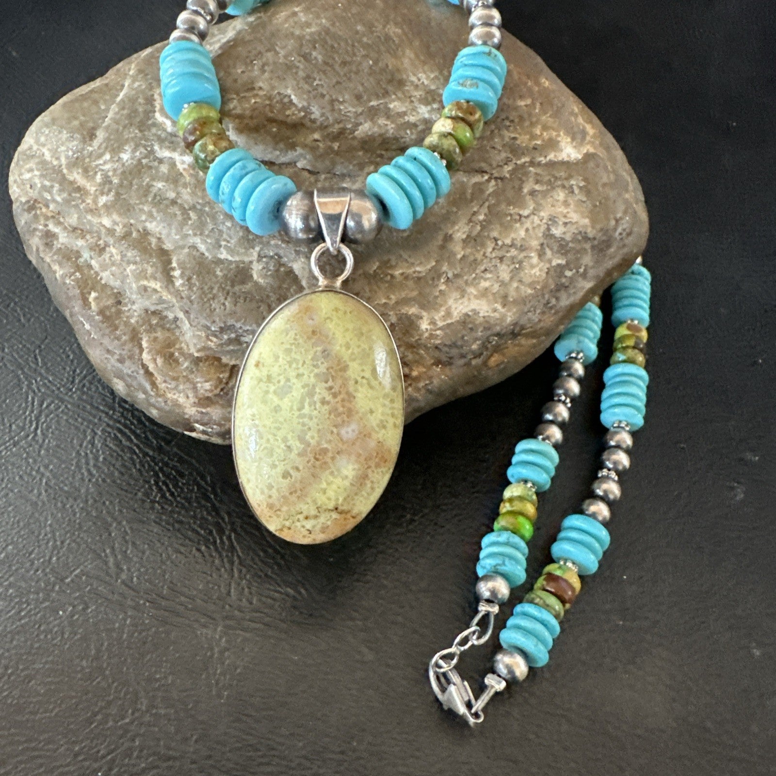 Green Gaspeite Pendant Blue Turquoise Navajo Sterling Silver Necklace 20" 19670