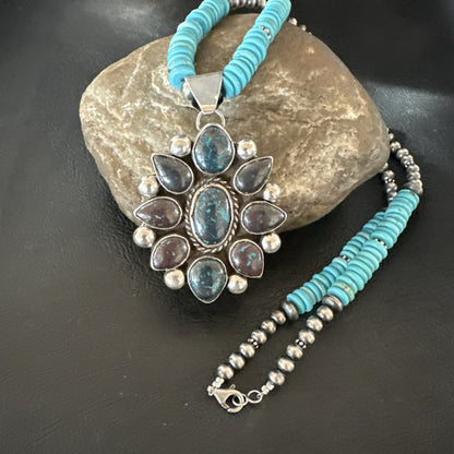 Blue Turquoise Navajo Sterling Silver Cluster Round Pendant Necklace 2”19660