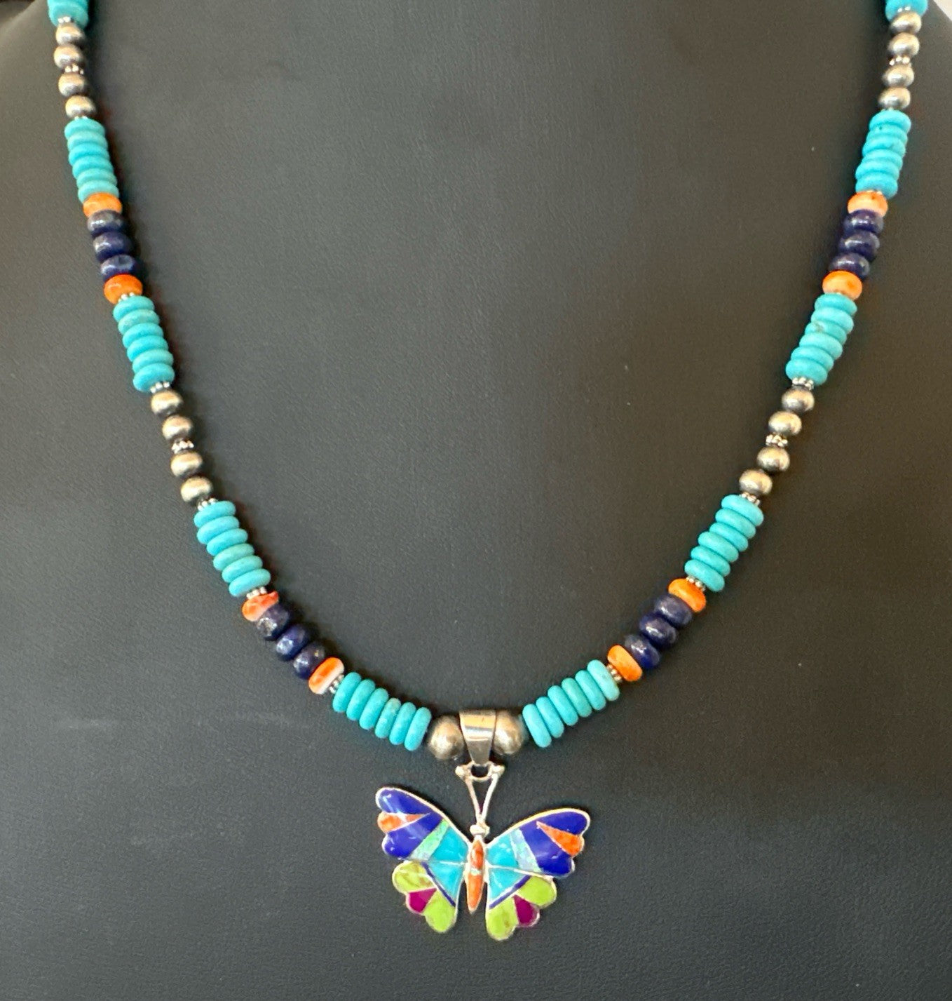 Butterfly Multicolor Turquoise Pendant Navajo Sterling Silver Necklace 19652