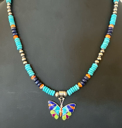 Butterfly Multicolor Turquoise Pendant Navajo Sterling Silver Necklace 19652