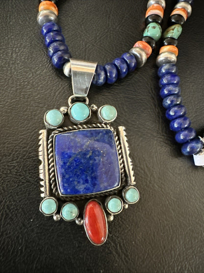 Multicolor Lapis Turquoise Pendant Navajo Sterling Silver Necklace 22” 19468