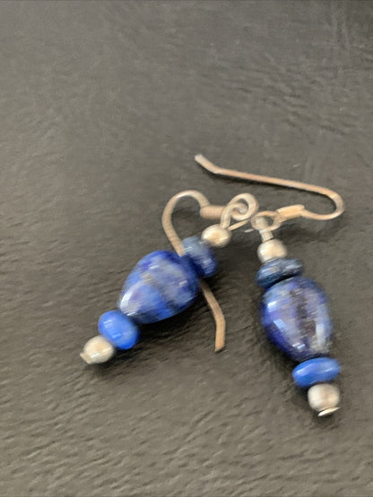 Blue Lapis Lazuli Bead Navajo Sterling Silver Dangle Earrings 1712