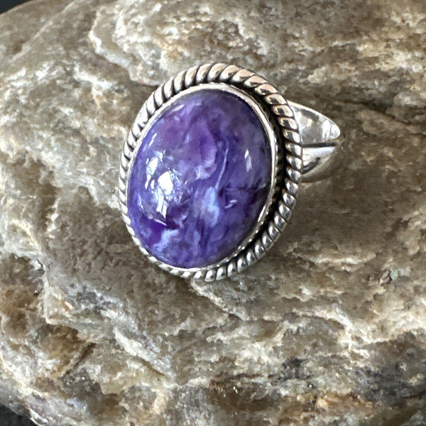 Women's Purple Charoite Navajo Oval Ring Adjustable Size 9 | Sterling Silver | Authentic Native American Handmade | 17245