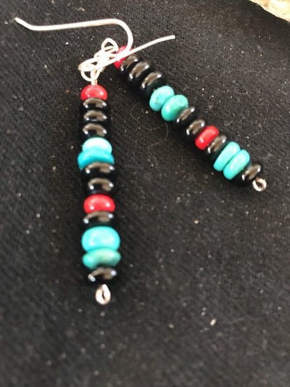 Navajo Sterling Silver Turquoise Black Onyx Coral Earrings 08334