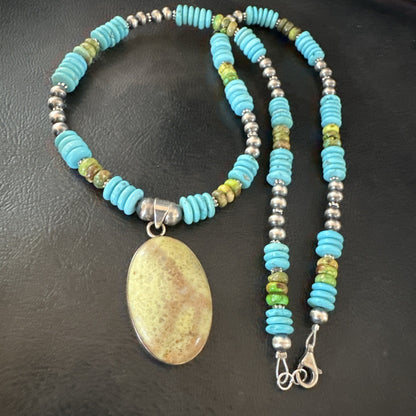 Green Gaspeite Pendant Blue Turquoise Navajo Sterling Silver Necklace 20" 19670