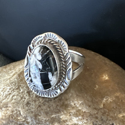 Mens Womens White Buffalo Turquoise Navajo Sterling Silver Ring Size 9 18587