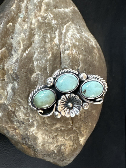 Yazzie Ring Green Turquoise Navajo Sterling Silver Cluster Size 9 19200