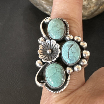 Yazzie Ring Green Turquoise Navajo Sterling Silver Cluster Size 8.5 19235