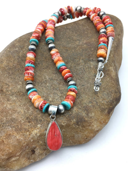 Spiny Oyster Pendant Turquoise Navajo Sterling Silver Necklace 19" 4522