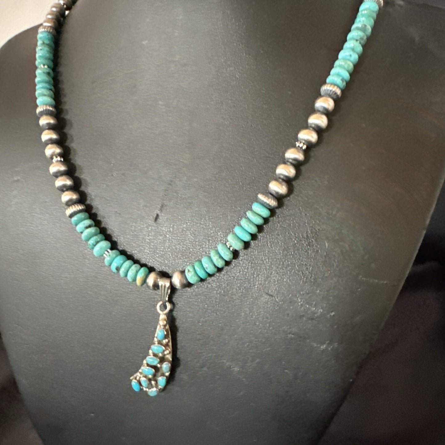 Mens Blue Turquoise Cluster Pendant Navajo Pearls Sterling Silver Necklace 17895