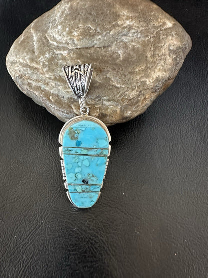 Navajo B E Inlay 925 Sterling Silver Turquoise Pendant Cobblestone 2.5" 19398