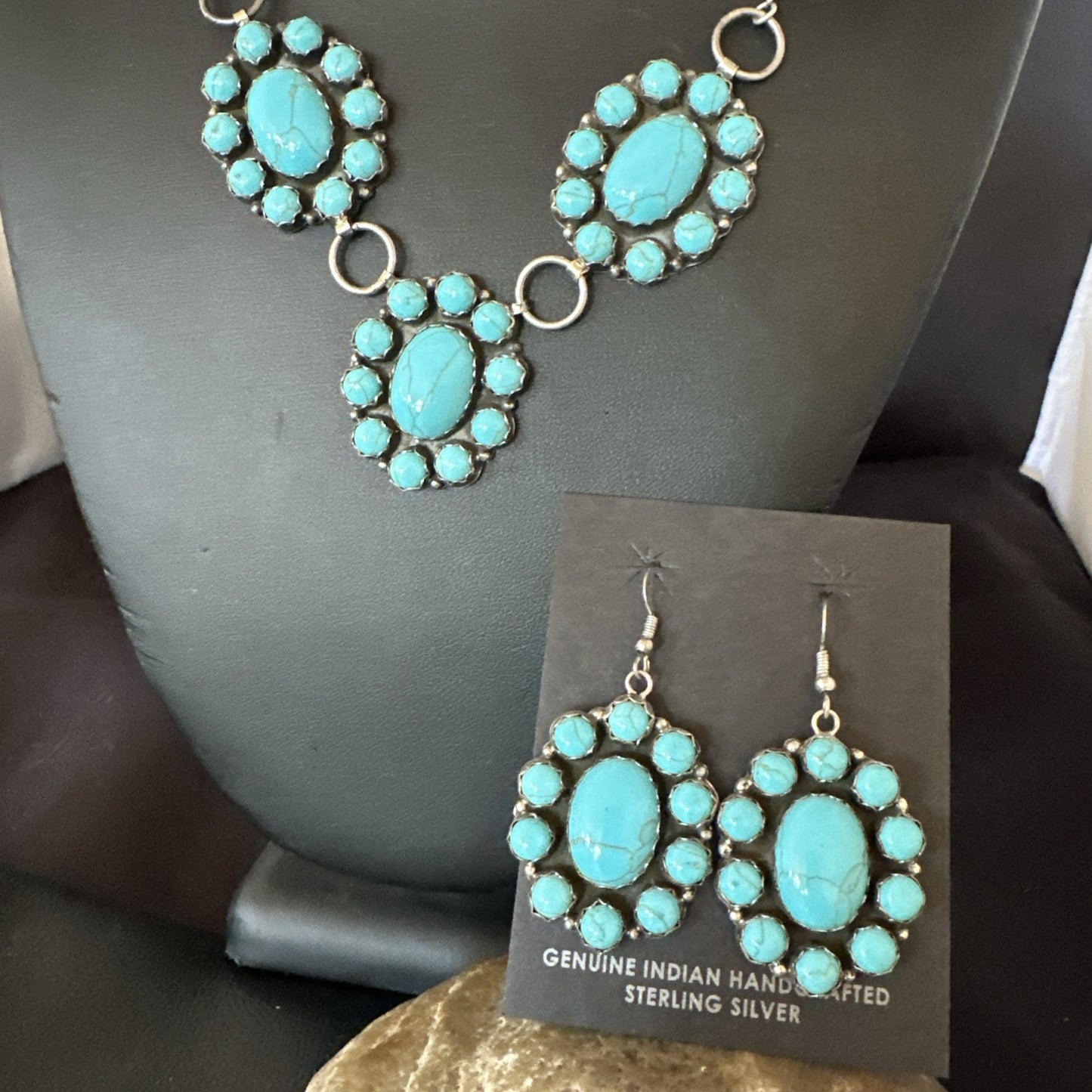 Cluster Lariat Blue Kingman Turquoise Earrings Necklace Pendant Navajo 23" 19112