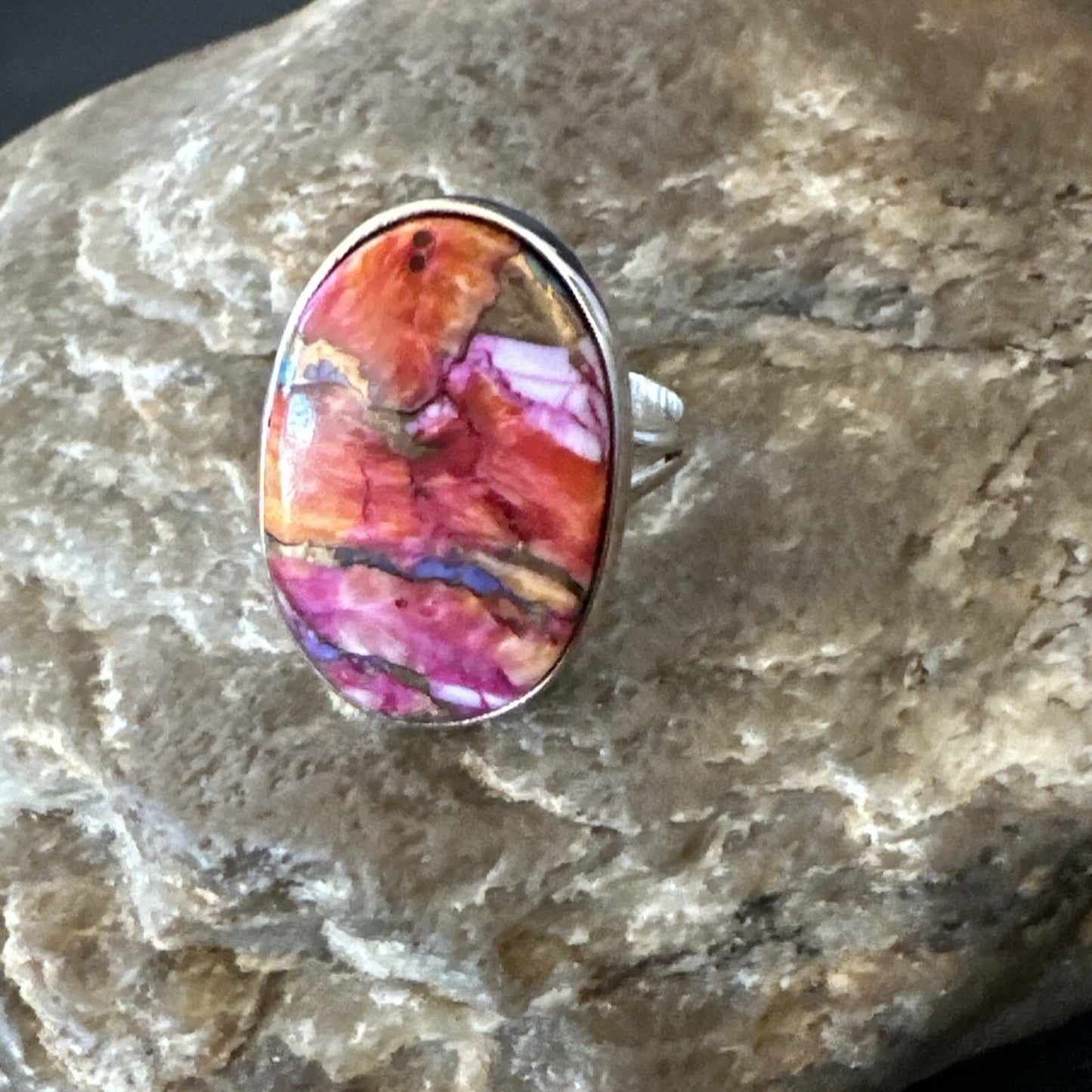 Blue Turquoise Spiny Oyster Southwestern Sterling Silver Ring Size 7 18427