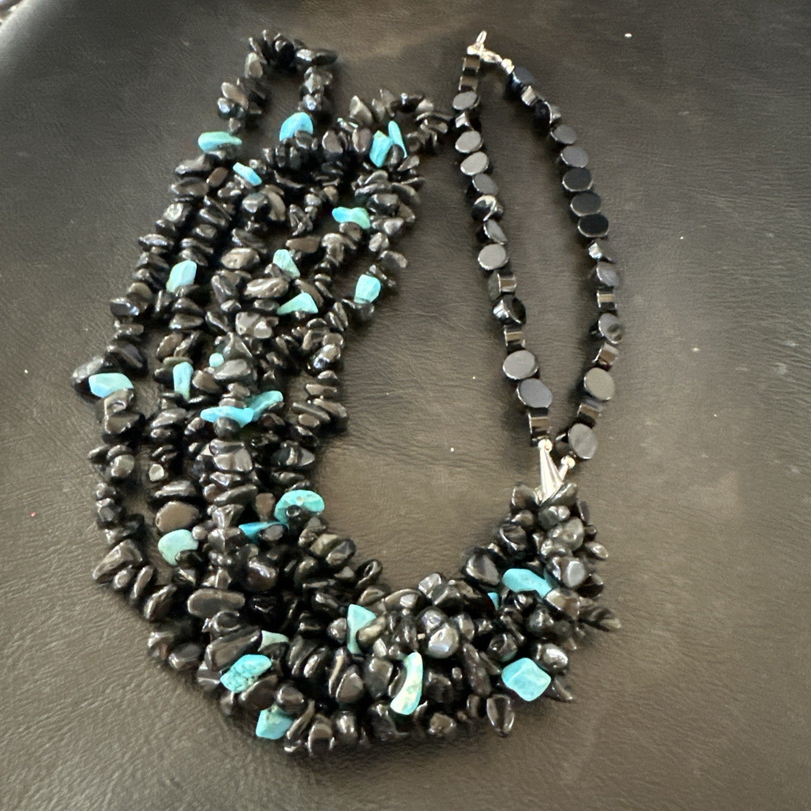 Sterling NAVAJO Black Onyx Blue Turquoise 3S Silver Necklace 30” 19577