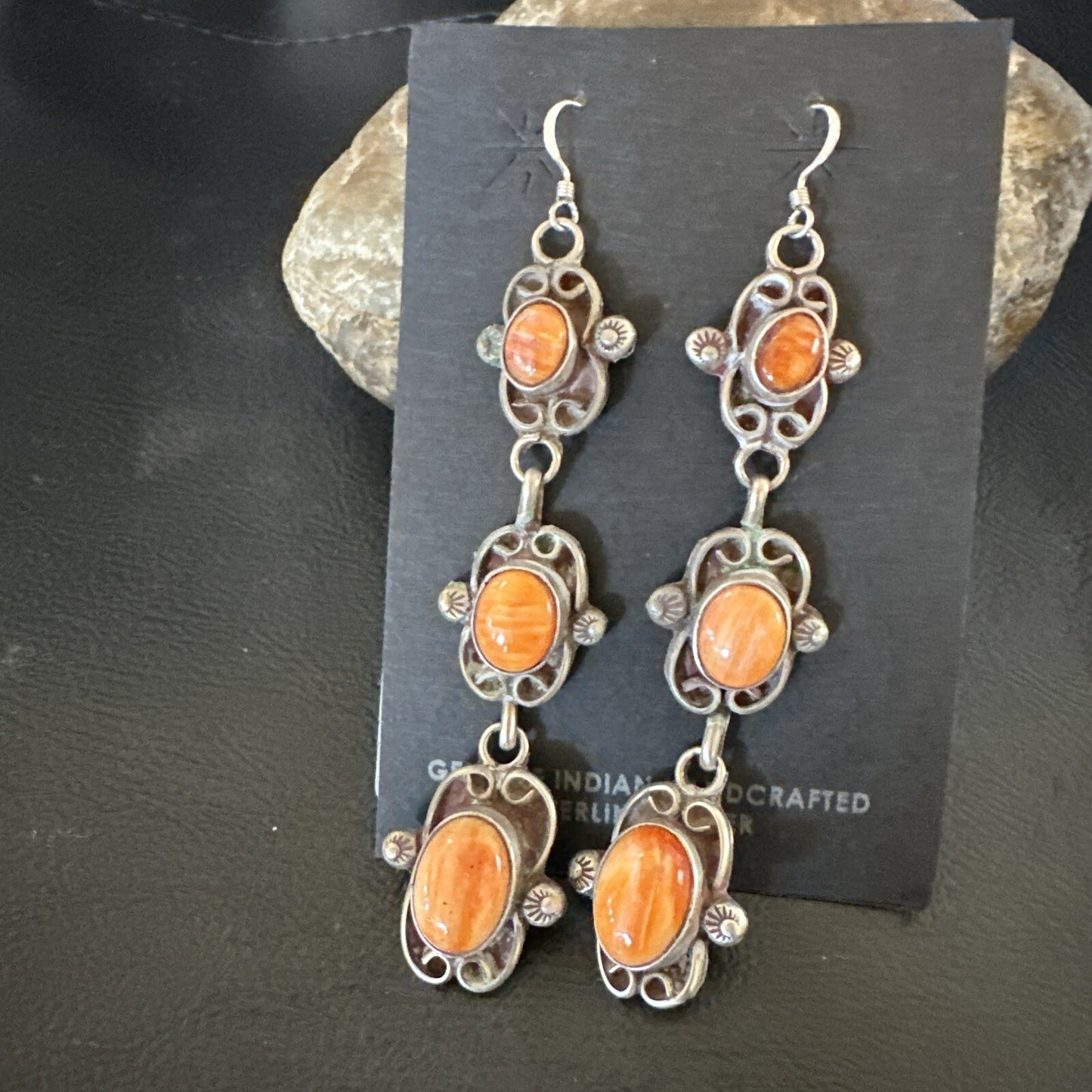 Native Navajo Sterling Silver Orange Spiny Oyster Dangle Earrings 1227