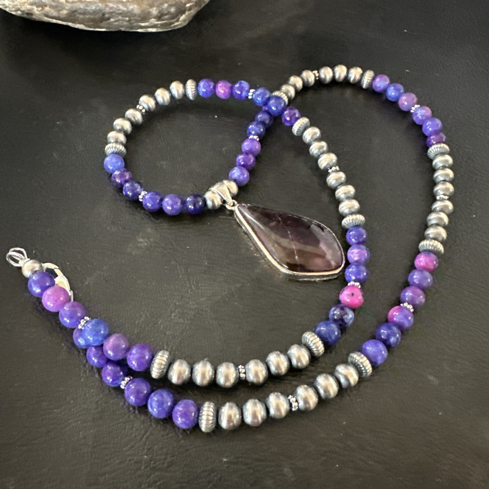 Purple Stone Pendant Navajo Pearls Sterling Silver Necklace 23" 17892