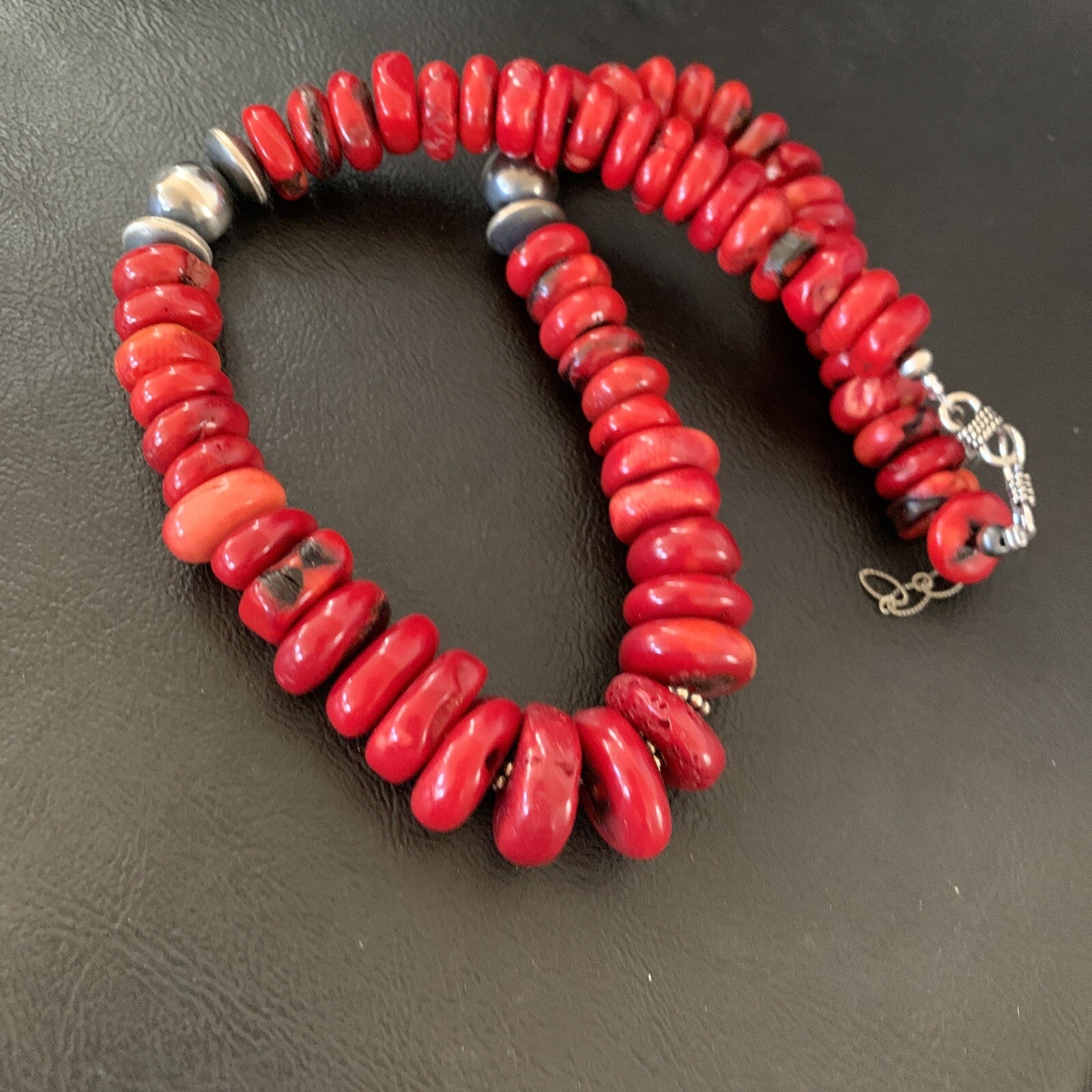 Native Navajo Graduated Red Coral Sterling Silver Bead 18" Necklace 11559