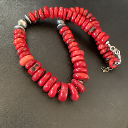 Native Navajo Graduated Red Coral Sterling Silver Bead 18" Necklace 11559