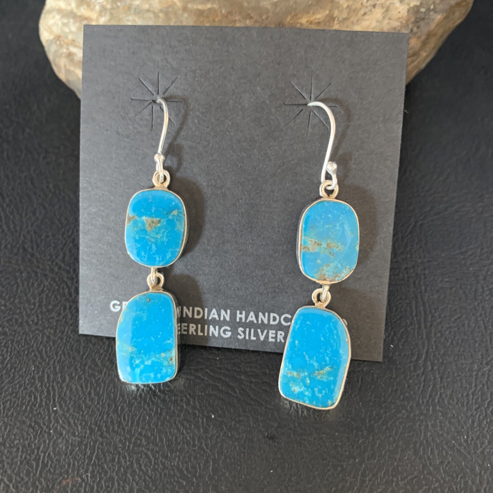 Kingman Turquoise Handmade Navajo Sterling Silver Dangle Earrings 1.5" 14010