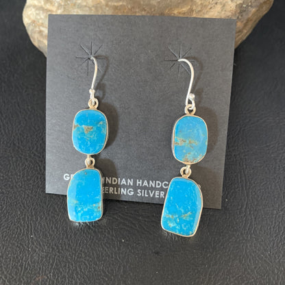 Kingman Turquoise Handmade Navajo Sterling Silver Dangle Earrings 1.5" 14010