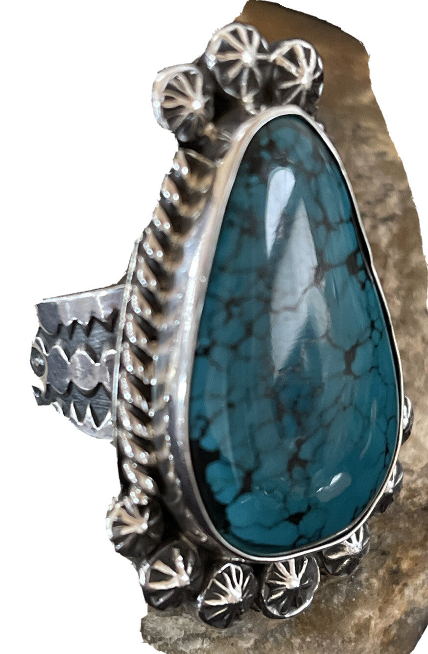 Blue Spiderweb Turquoise Navajo Sterling Silver Ring Size 10 14849