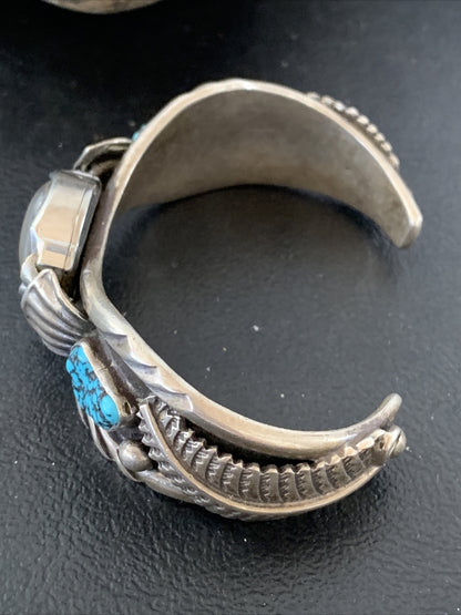 Blue Kingman Turquoise Inlay Navajo Sterling Silver Old Pawn Watch Tips 01442