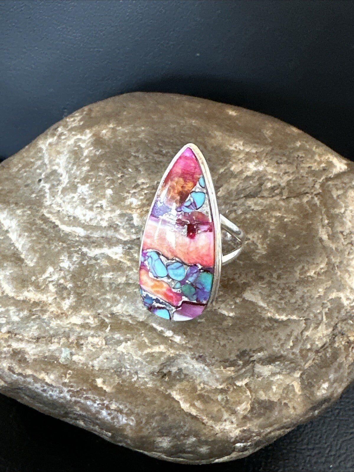 Blue Turquoise Orange Spiny Oyster Navajo Sterling Silver Ring Size 5.5 18210