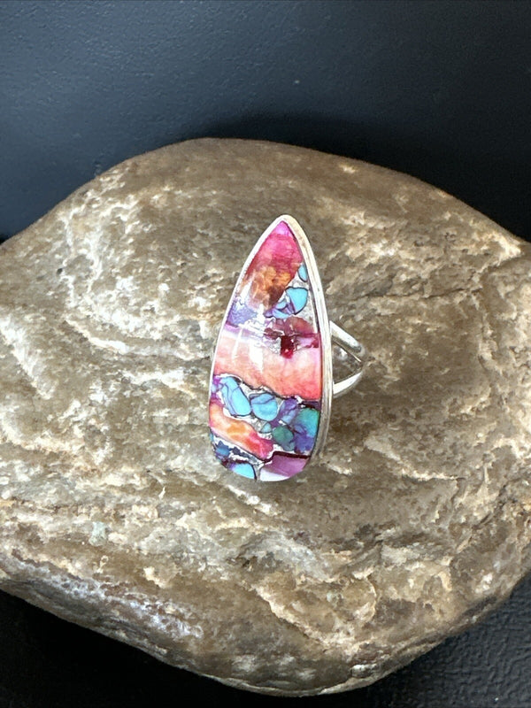 Blue Turquoise Orange Spiny Oyster Navajo Ring Size 5.5 | Sterling Silver | Authentic Native American Handmade | 18210