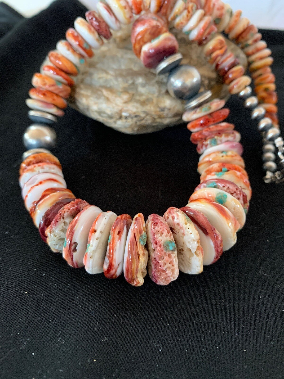 Native Red Spiny Oyster Navajo Pearls Sterling Silver Necklace 20" 03242